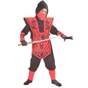 Ninja Costume Kids Boy Size L 10-12 Complete Red Black Shirt Pant Mask Halloween